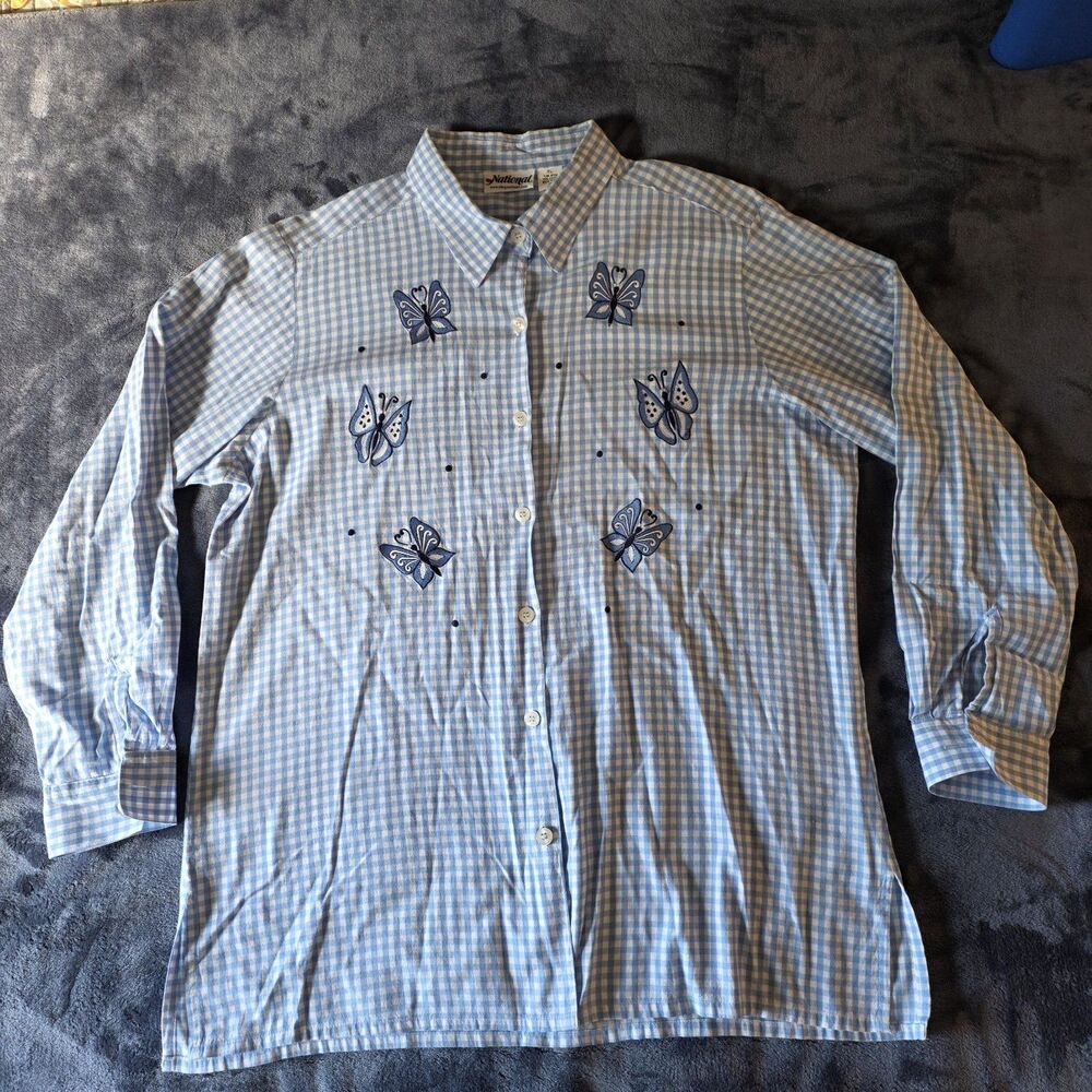 National Shirt Womens XL Blue White Gingham Embroidered Butterfly Cotton